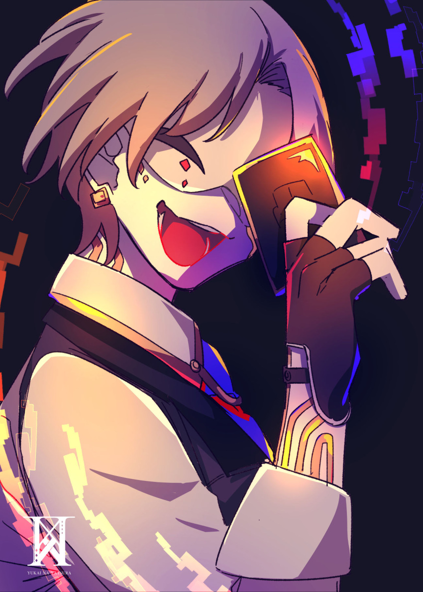 1boy, blonde_hair, blue_background, chariki, earrings, fingerless_gloves, gloves, half_mask, highres, indie_virtual_youtuber, jewelry, male_focus, marking_on_cheek, mask, multicolored_background, open_mouth, scemo_pagliaccio, short_hair, smile, solo, tattoo, virtual_youtuber
