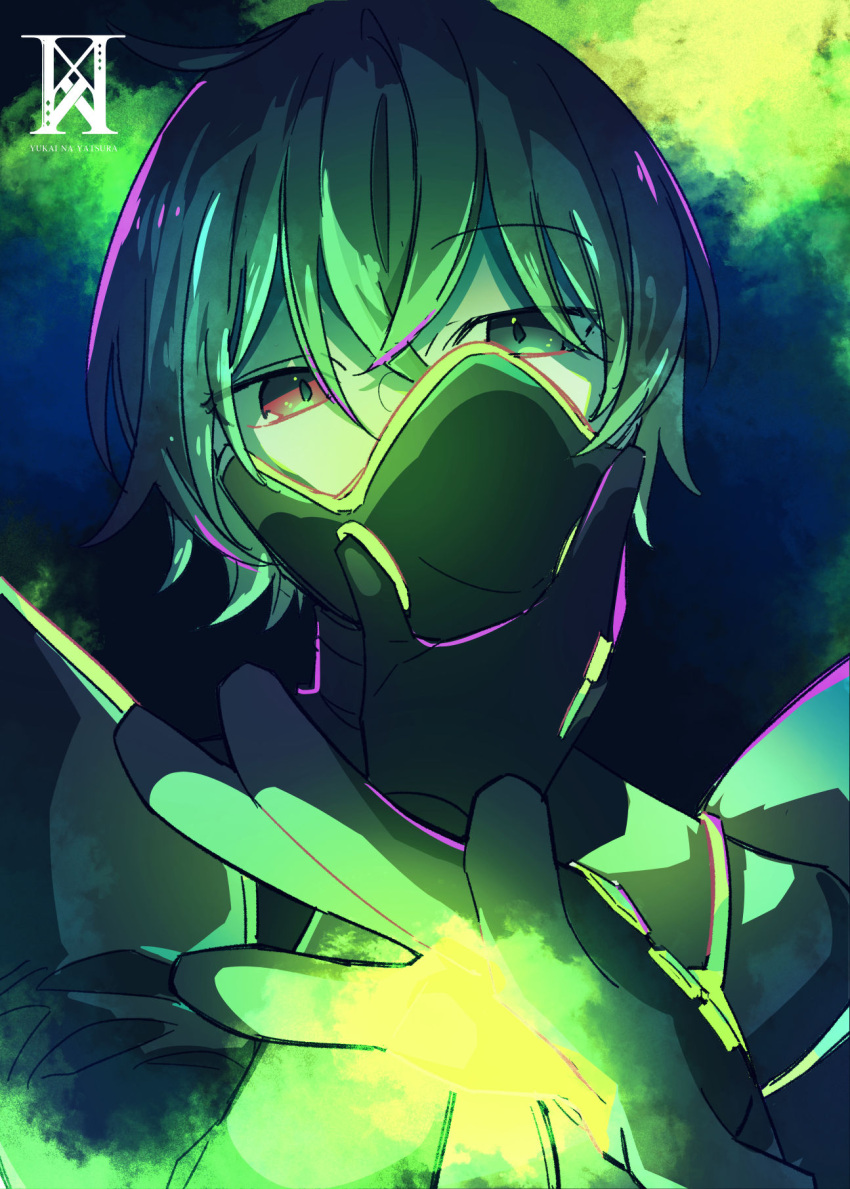 1boy, chariki, facing_viewer, grey_eyes, grey_hair, heterochromia, highres, indie_virtual_youtuber, looking_at_viewer, male_focus, mask, mouth_mask, red_eyes, shinonome_d_anju, short_hair, solo, virtual_youtuber