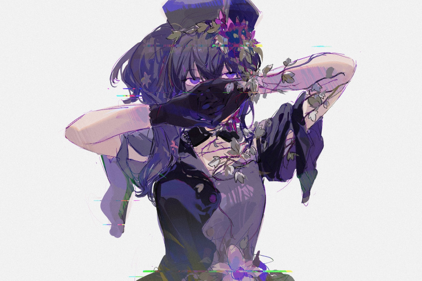1girl, arm_cutout, arm_vines, asahina_mafuyu, black_dress, black_gloves, commentary, covering_mouth, detached_collar, dress, glitch, gloves, hat, high_ponytail, highres, ivy, nashinashi, nurse, nurse_cap, own_hands_together, plant, project_sekai, purple_hair, short_sleeves, side_ponytail, solo, vines, violet_eyes, wide_sleeves