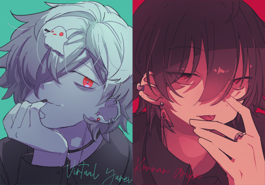 2boys, black_hair, blue_background, chariki, earrings, grey_hair, hair_ornament, hair_over_one_eye