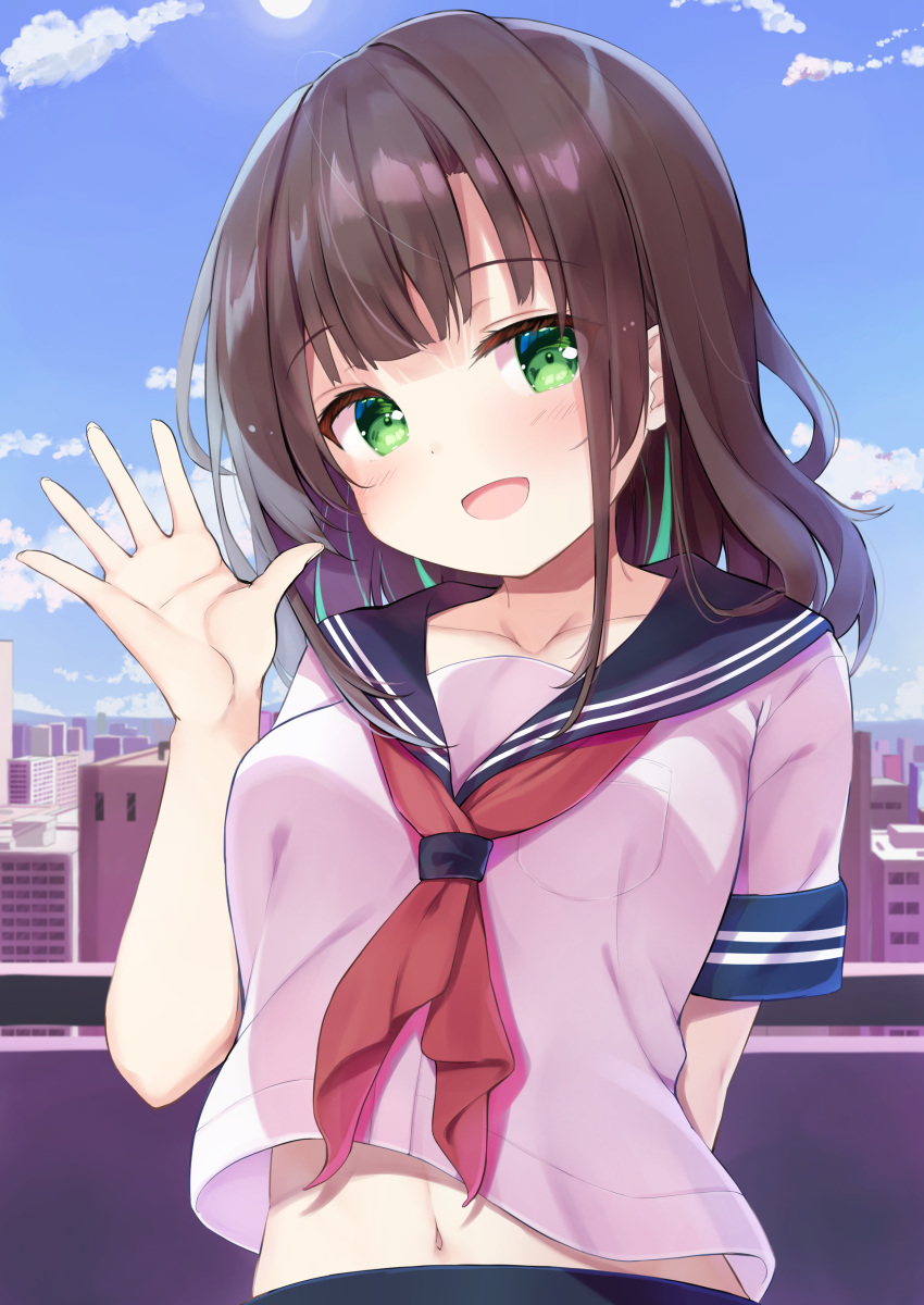 1girl, :d, absurdres, black_hair, black_sailor_collar, black_skirt, blue_sky, blush