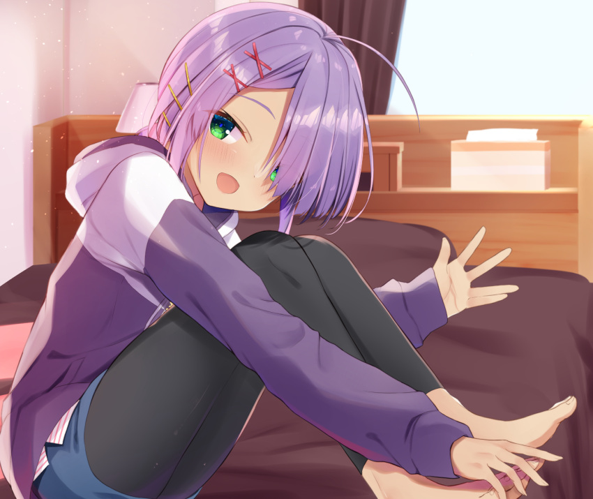 1girl, :d, ahoge, bangs, barefoot, black_legwear, blue_shorts, blush