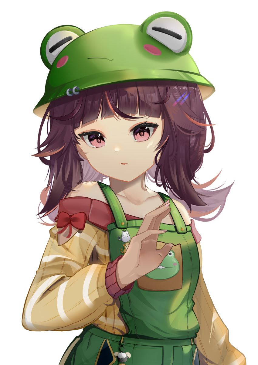 1girl, absurdres, bow, collarbone, eijivein, green_headwear, green_overalls, hat
