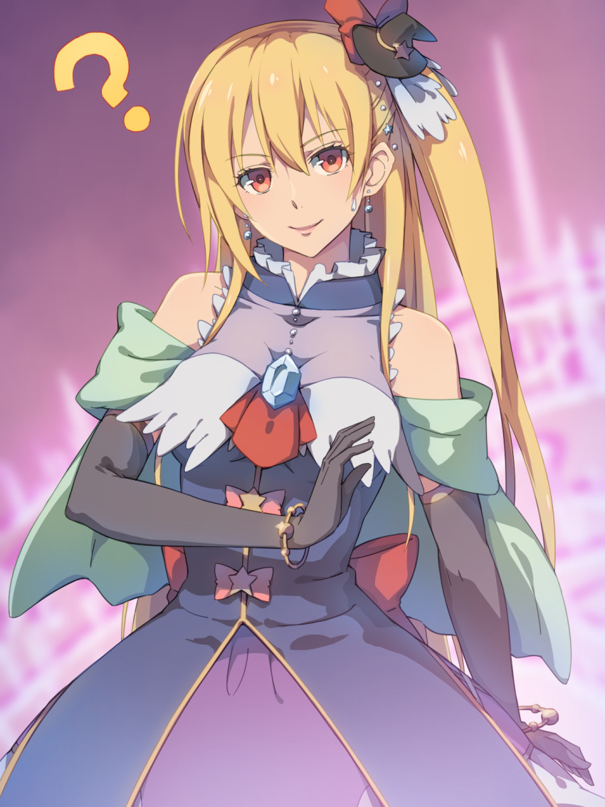 1girl, ?, alisa_reinford, bare_shoulders, blonde_hair, bow, bracelet, capelet