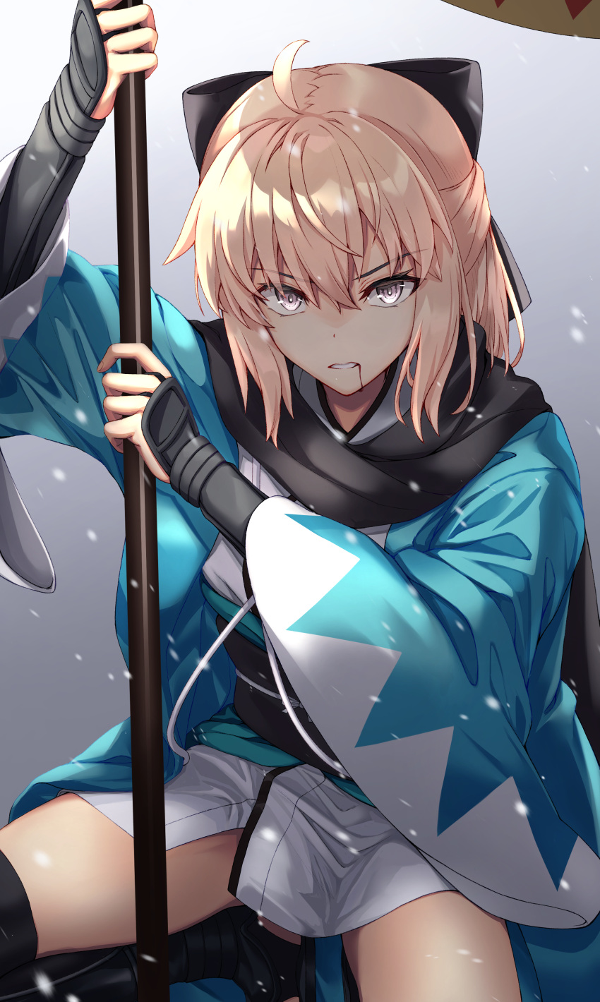 1girl, absurdres, ahoge, arm_guards, black_bow, black_scarf, blonde_hair, blood, blood_from_mouth, bow, fate/grand_order, fate_(series), grey_eyes, hair_bow, half_updo, haori, highres, japanese_clothes, kimono, okita_souji_(fate), okita_souji_(koha-ace), scarf, shinsengumi, short_kimono, solo, white_kimono, yu_sa1126