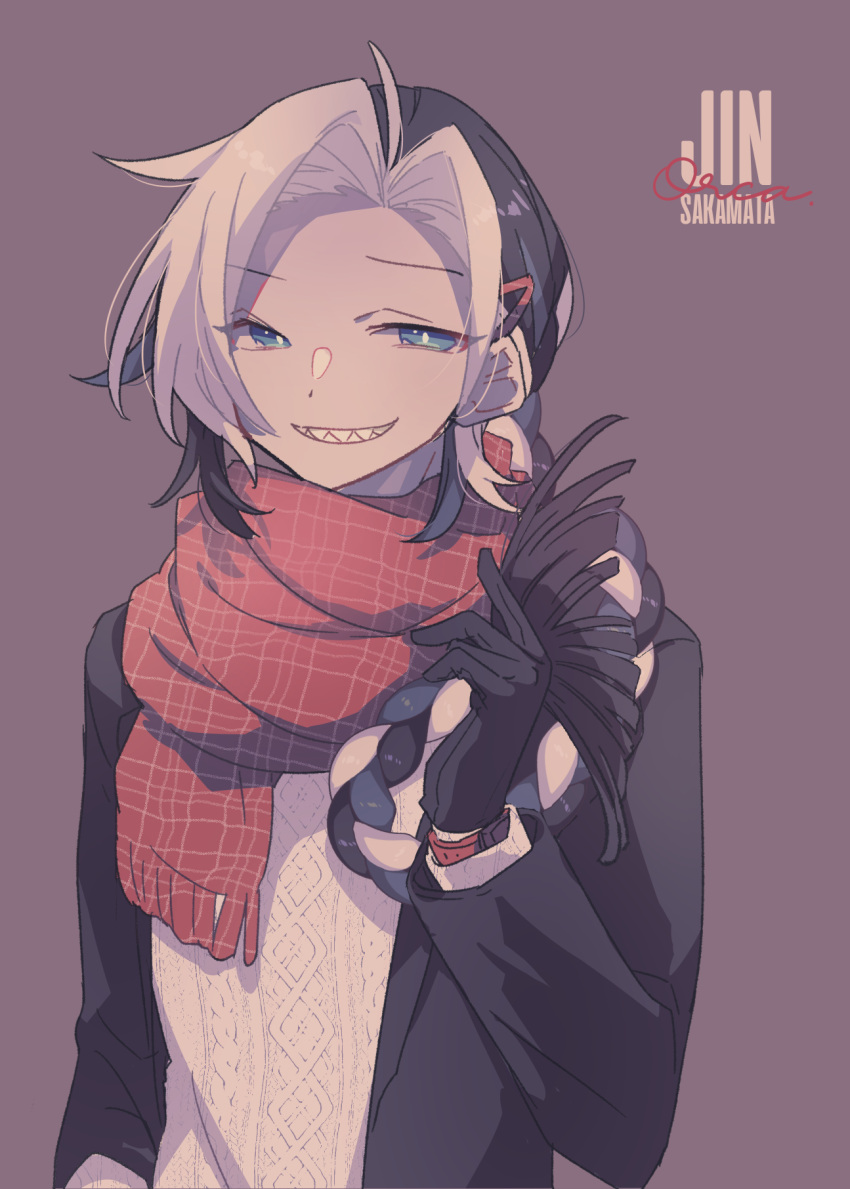 1boy, black_hair, blue_eyes, chariki, facing_viewer, gloves, grey_background, hair_ornament