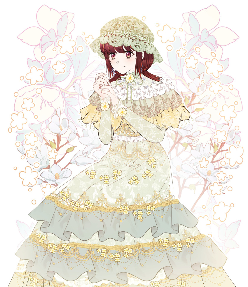 1girl, absurdres, blue_flower, brown_eyes, brown_hair, dress, flower, frilled_dress
