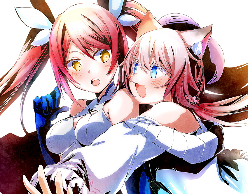 2girls, :o, absurdres, animal_ears, blue_eyes, blue_gloves, blush, breasts, cat_ears, cat_girl, chika_(chickencurry_v), commission, dress, effiez_(vtuber), english_commentary, floating_hair, gloves, highres, hug, hug_from_behind, indie_virtual_youtuber, long_hair, looking_back, medium_breasts, multiple_girls, nina_saotome, off_shoulder, open_mouth, orange_eyes, second-party_source, skeb_commission, smile, surprised, sweater, twintails, virtual_youtuber, white_dress, white_sweater