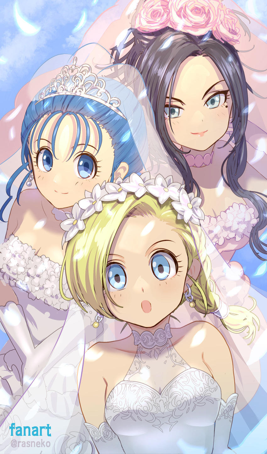 3girls, :o, bianca_(dq5), black_hair, blonde_hair, blue_eyes, blue_hair, braid