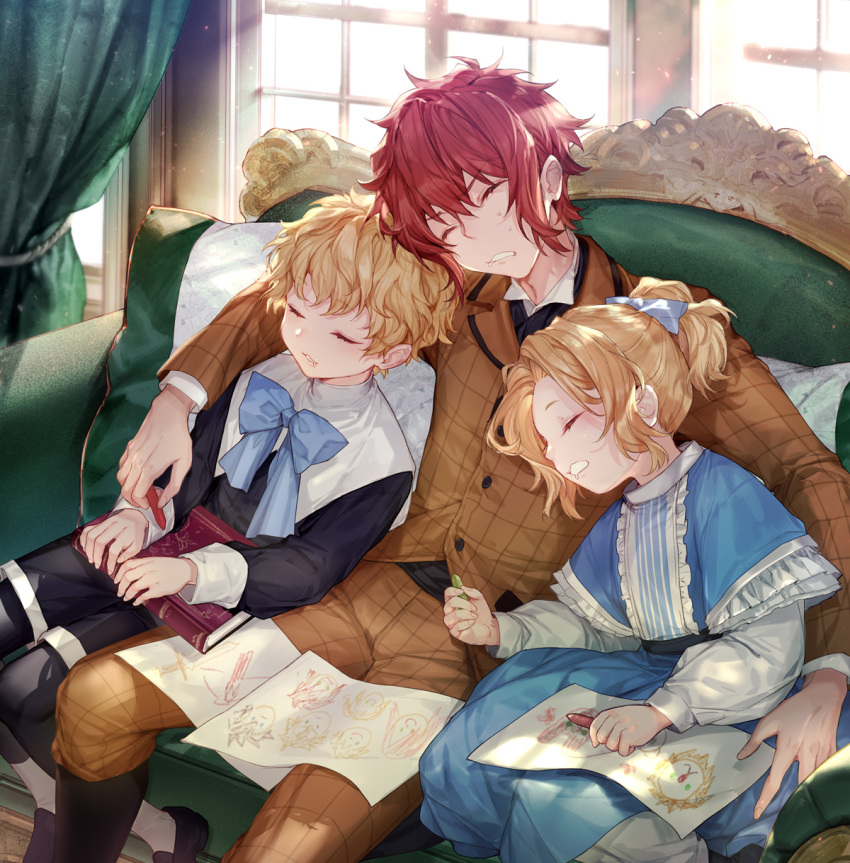 1girl, 2boys, achan_(blue_semi), arm_on_shoulder, bangs, black_footwear, black_pants, black_vest, blonde_hair, blue_bow, blue_bowtie, blue_dress, boots, bow, bowtie, brother_and_sister, brothers, brown_jacket, brown_pants, child, child_drawing, collared_shirt, couch, crayon, curtains, cushion, dress, drooling, elias_von_neuschwanstein, feet_out_of_frame, female_child, frills, hair_bow, head_tilt, highres, holding, holding_crayon, indoors, jacket, knee_boots, kneehighs, korean_commentary, layered_sleeves, leaning_on_person, leaning_to_the_side, leon_von_neuschwanstein, long_sleeves, male_child, multiple_boys, on_couch, open_mouth, outstretched_arms, pants, pants_tucked_in, pants_under_shorts, paper, pillow, ponytail, rachel_von_neuschwanstein, redhead, shirt, shoes, short_hair, short_over_long_sleeves, short_sleeves, siblings, side-by-side, sidelocks, sitting, sleeping, sleeping_upright, sunlight, sweat, the_fantasie_of_a_stepmother, twins, vest, white_legwear, white_shirt, window