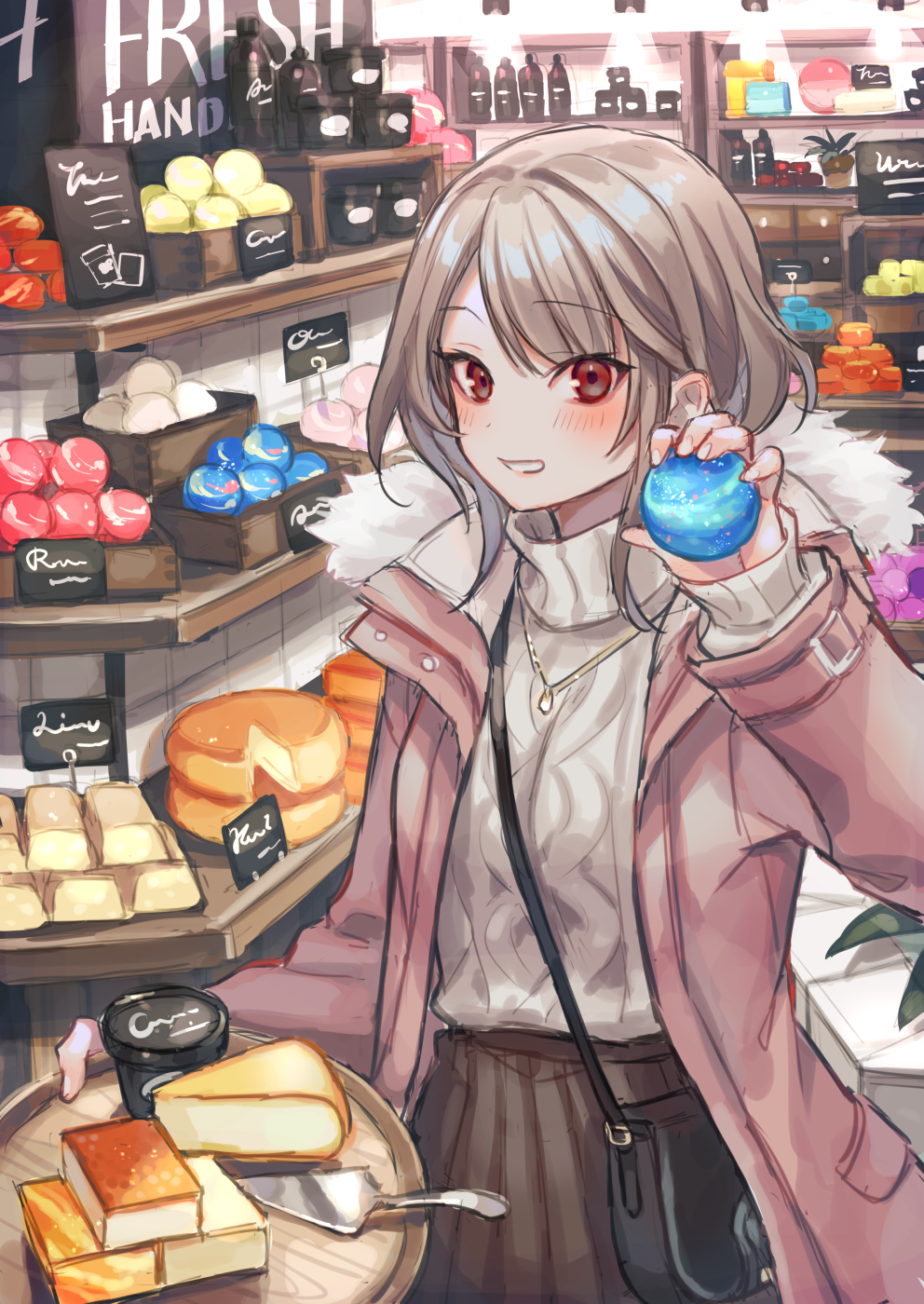 1girl, aran_sweater, bag, bangs, blush, bottle, box, brown_hair