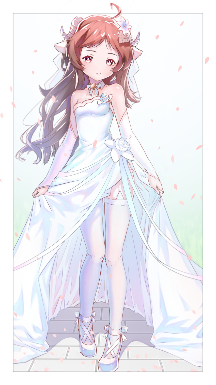 1girl, absurdres, ahoge, ankle_bow, arknights, border, bow, breasts, bridal_gauntlets, brown_eyes, brown_hair, choker, closed_mouth, collarbone, detached_sleeves, dress, eyjafjalla_(arknights), flower, framed, full_body, garter_straps, hair_flower, hair_ornament, highres, horns, long_hair, long_sleeves, neck_ribbon, phi_str, ribbon, shiny, shiny_hair, small_breasts, smile, solo, standing, strapless, strapless_dress, thigh-highs, very_long_hair, wedding_dress, white_border, white_bow, white_choker, white_dress, white_flower, white_footwear, white_legwear, white_sleeves