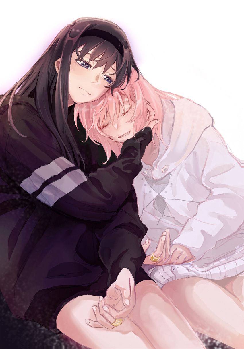 2girls, akemi_homura, bangs, bare_legs, black_hair, black_hairband, black_sweater, blue_eyes