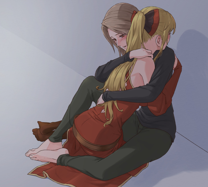 2girls, against_wall, barefoot, black_bow, black_pants, black_shirt, blonde_hair, blush