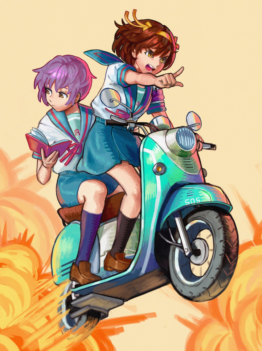 2girls, bangs, black_legwear, blue_sailor_collar, book, brown_eyes, brown_footwear, brown_hair
