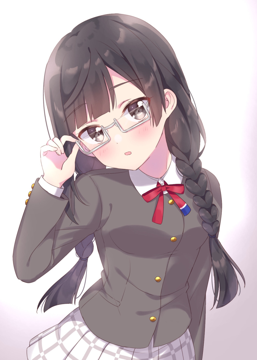 bangs, black_eyes, black_hair, braid, glasses, grey_eyes, highres, ichigomilk1515, long_hair, love_live!, love_live!_nijigasaki_high_school_idol_club, low_twintails, nakagawa_nana, nijigasaki_academy_school_uniform, school_uniform, semi-rimless_eyewear, swept_bangs, twin_braids, twintails, yuuki_setsuna_(love_live!)