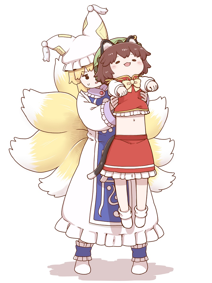 2girls, animal_ears, bangs, blush_stickers, brown_hair, cat_ears, cat_tail, chen, chibi, commentary, dress, ear_piercing, fox_tail, full_body, green_headwear, hat, highres, holding_person, kitsune, long_sleeves, longcat_(meme), meme, mob_cap, multiple_girls, multiple_tails, navel, open_mouth, outstretched_arms, piercing, poronegi, red_shirt, red_skirt, shiny, shiny_hair, shirt, simple_background, skirt, standing, sweatdrop, tabard, tail, touhou, white_background, white_dress, white_footwear, white_headwear, yakumo_ran