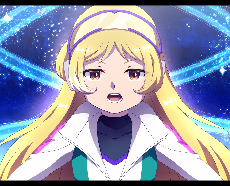 1girl, blonde_hair, bodysuit, collarbone, hako_(shimaaka_box), headphones, jacket, letterboxed, long_hair, open_mouth, pilot_suit, portrait, shinkansen_henkei_robo_shinkalion, shinkansen_henkei_robo_shinkalion_z, solo, tsukino_maetel, v-shaped_eyebrows, white_jacket