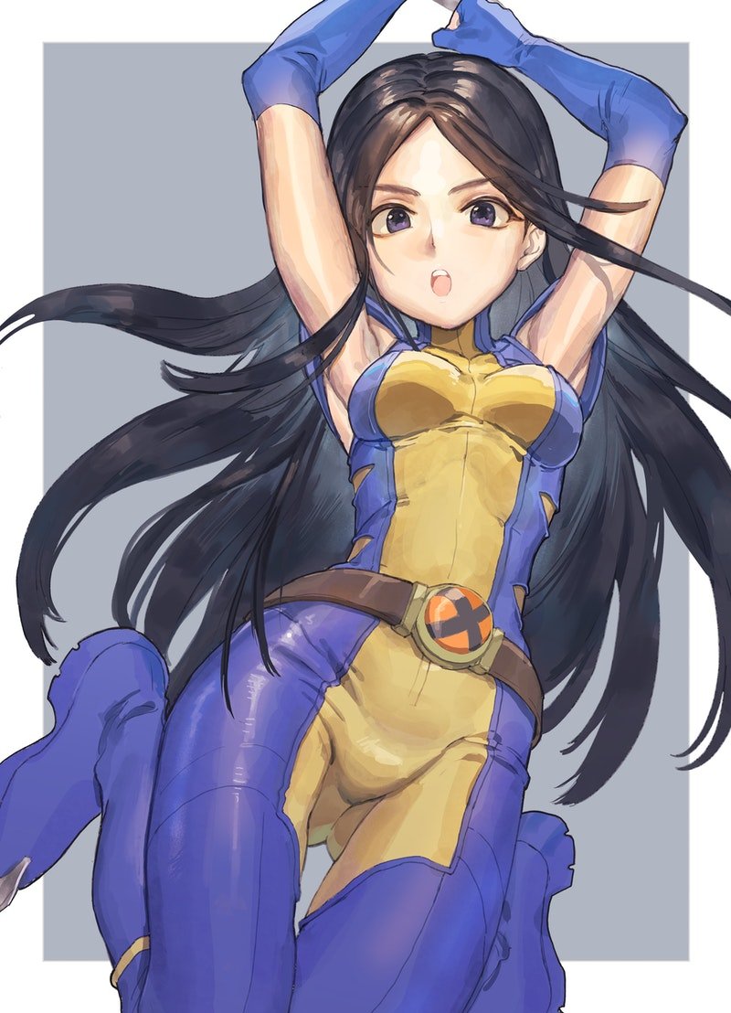 1girl, armpits, belt, black_hair, blue_bodysuit, blue_eyes, blue_footwear, blue_gloves