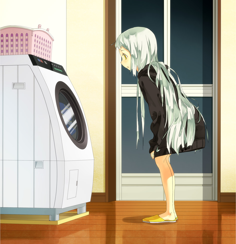 emunise, laundry_machine, long_hair, nitroplus, r`lyeh_text, silver_hair, slippers, solo