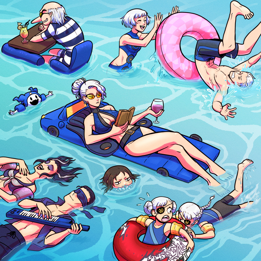 3boys, 6+girls, alternate_costume, bathing, belladonna_(persona), bikini, black_hair, blindfold, braid, brown_hair, bubble_blowing, caroline_(persona_5), collarbone, crossed_legs, cup, double_bun, drink, drinking_glass, drinking_straw, elizabeth_(persona), english_commentary, eyepatch, eyeshadow, grin, hair_bun, highres, igor_(persona), innertube, instrument, jack_frost, justine_(persona_5), makeup, male_swimwear, margaret_(persona), marie_(persona_4), multicolored_hair, multiple_boys, multiple_girls, music, nameless_(persona), partially_submerged, persona, persona_1, persona_2, persona_3, persona_4, persona_5, playing_instrument, reading, retrokinetics, second-party_source, shin_megami_tensei, siblings, singing, smile, streaked_hair, striped, striped_swimsuit, sunglasses, swim_trunks, swimming, swimsuit, teeth, theodore_(persona), upper_teeth, white_hair, wine_glass