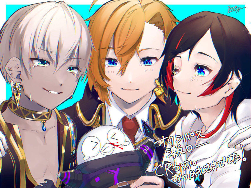 >_<, 4boys, apex_legends, black_footwear, black_hair, black_scarf, blood, blue_eyes, choker, collarbone, collared_shirt, cosplay, crazy_raccoon, dark-skinned_male, dark_skin, earrings, gloves, hair_between_eyes, hand_on_another's_shoulder, highres, holding, holding_knife, ibrahim_(nijisanji), indie_virtual_youtuber, jewelry, knife, kunai, lupi_(yuni_060969), male_focus, multicolored_hair, multiple_boys, necktie, nijisanji, nosebleed, obo_(gamer), one_eye_closed, original, red_necktie, redhead, scarf, shibuya_hal, shirt, smile, streaked_hair, tearing_up, uruca_(vtuber), weapon, white_gloves, white_shirt, wraith's_kunai, wraith_(apex_legends), wraith_(apex_legends)_(cosplay)