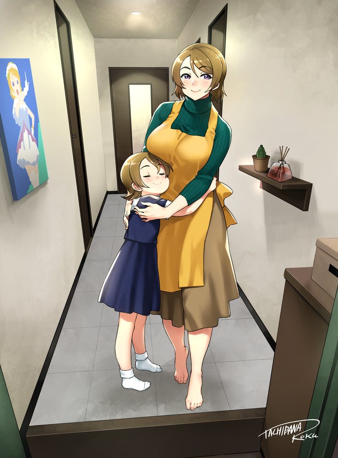 2girls, apron, barefoot, blue_dress, blush, breasts, brown_hair, brown_skirt