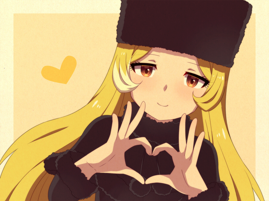 1girl, black_capelet, black_headwear, blonde_hair, blush, brown_eyes, capelet, cosplay