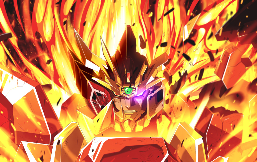 absurdres, clenched_teeth, damaged, final_gaogaigar, fire, galactic_small_yellow, glowing, glowing_eye