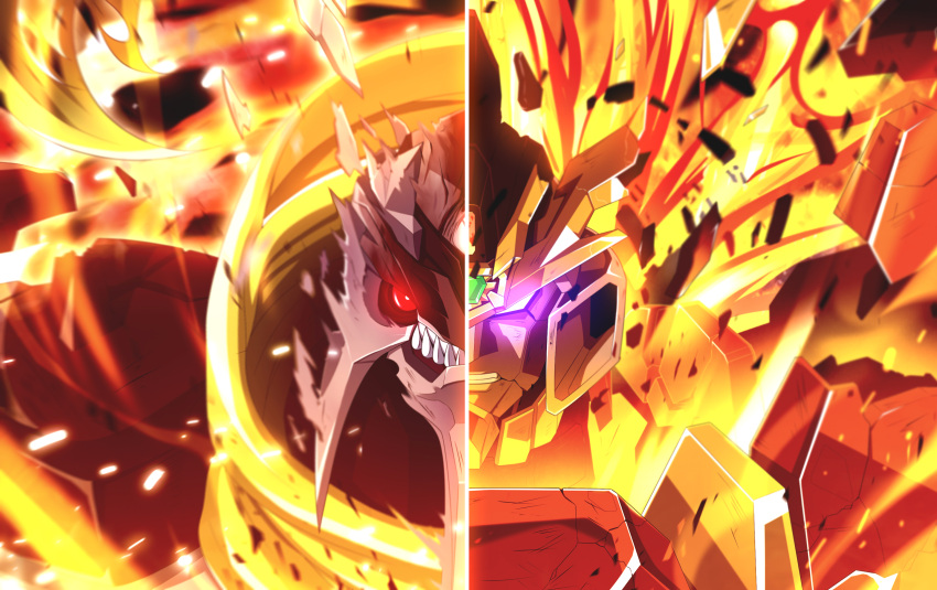 absurdres, betterman, betterman_cataphract, clenched_teeth, final_gaogaigar, fire, galactic_small_yellow, glowing