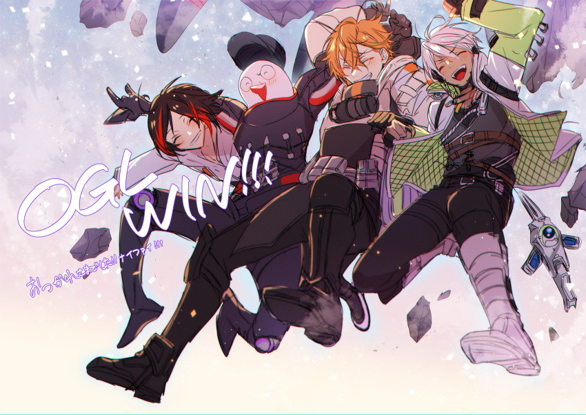 4boys, ^_^, absurdres, airborne, apex_legends, belt, black_belt, black_footwear, black_hair, black_pants, black_shirt, black_vest, blush, boots, closed_eyes, cosplay, crazy_raccoon, crypto_(apex_legends), crypto_(apex_legends)_(cosplay), dark-skinned_male, dark_skin, falling, gibraltar_(apex_legends), gibraltar_(apex_legends)_(cosplay), grey_hair, hack_(apex_legends), highres, holding, holding_knife, hood, hoodie, ibrahim_(nijisanji), indie_virtual_youtuber, jacket, knife, kunai, mame_sabure, multicolored_hair, multiple_boys, nijisanji, obo_(gamer), open_mouth, original, pants, redhead, shibuya_hal, shirt, streaked_hair, uruca_(vtuber), v-shaped_eyebrows, vest, virtual_youtuber, weapon, white_footwear, white_hoodie, white_jacket, wraith's_kunai, wraith_(apex_legends), wraith_(apex_legends)_(cosplay)