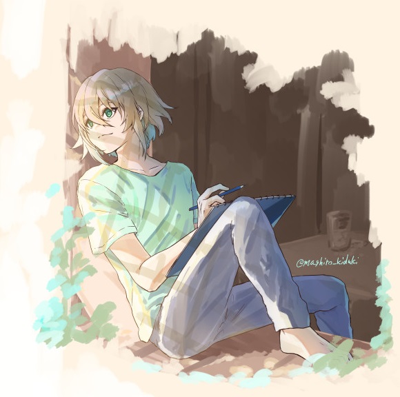 1boy, 86_-eightysix-, barefoot, blonde_hair, colored_inner_hair, drawing, green_eyes, green_hair, grey_pants, hair_between_eyes, holding, holding_sketchbook, looking_to_the_side, male_focus, mashiro_kizuki, multicolored_hair, pants, sitting, sketchbook, smile, solo, theoto_rikka