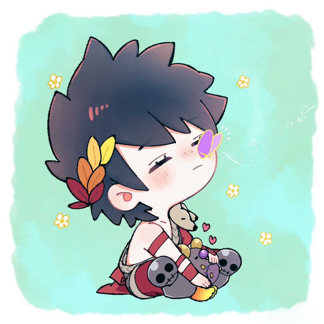 1boy, black_hair, bug, butterfly, butterfly_on_nose, butterfly_sitting, chibi, closed_eyes