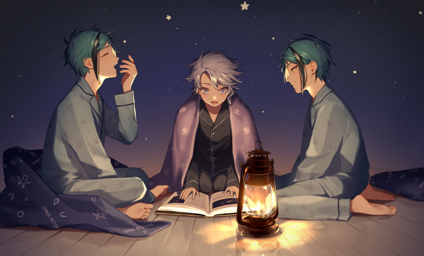 3boys, azul_ashengrotto, bangs, barefoot, black_hair, black_pants, blanket, blue_hair