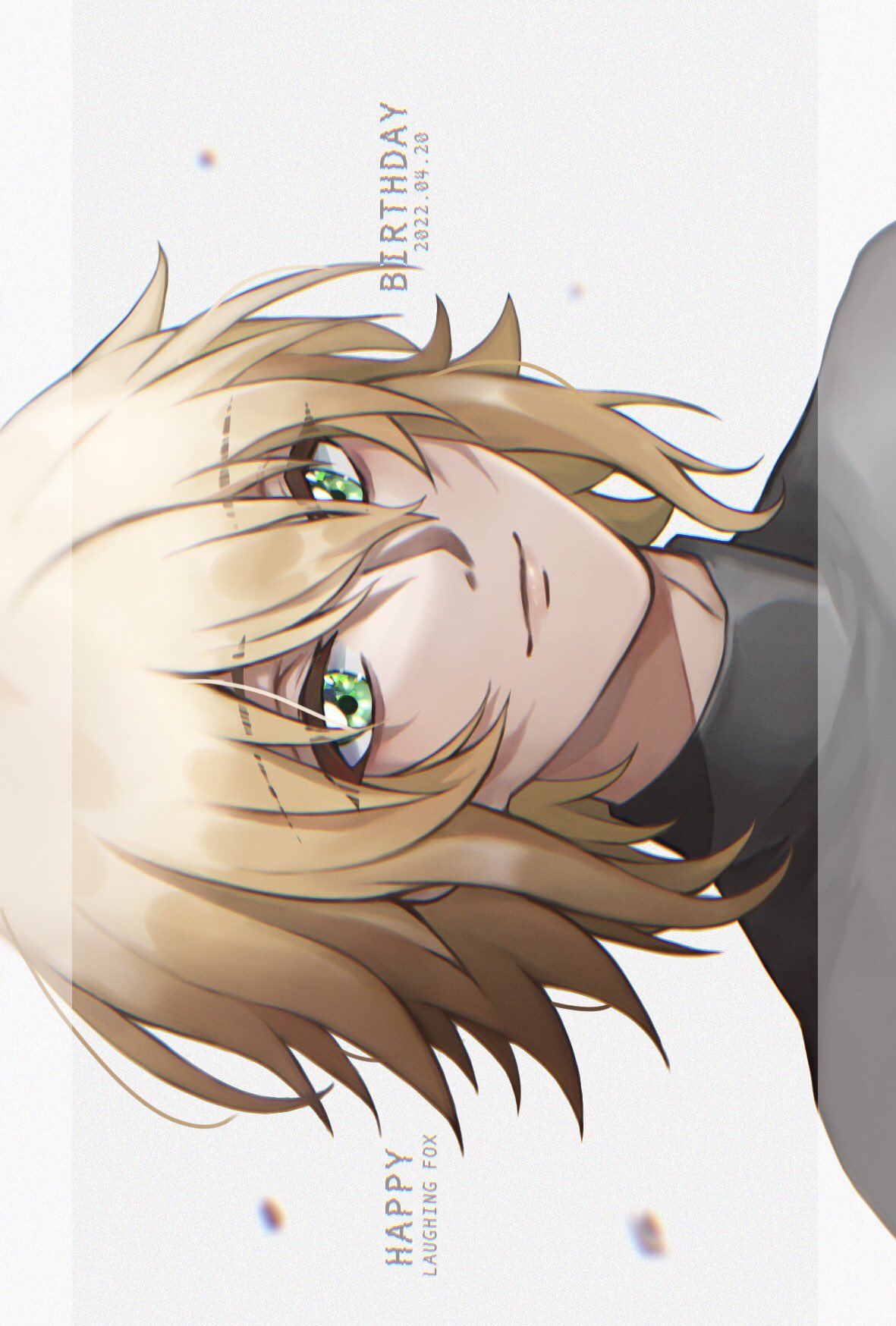 1boy, 86_-eightysix-, black_sweater, blonde_hair, dated, english_commentary, green_eyes, grey_background