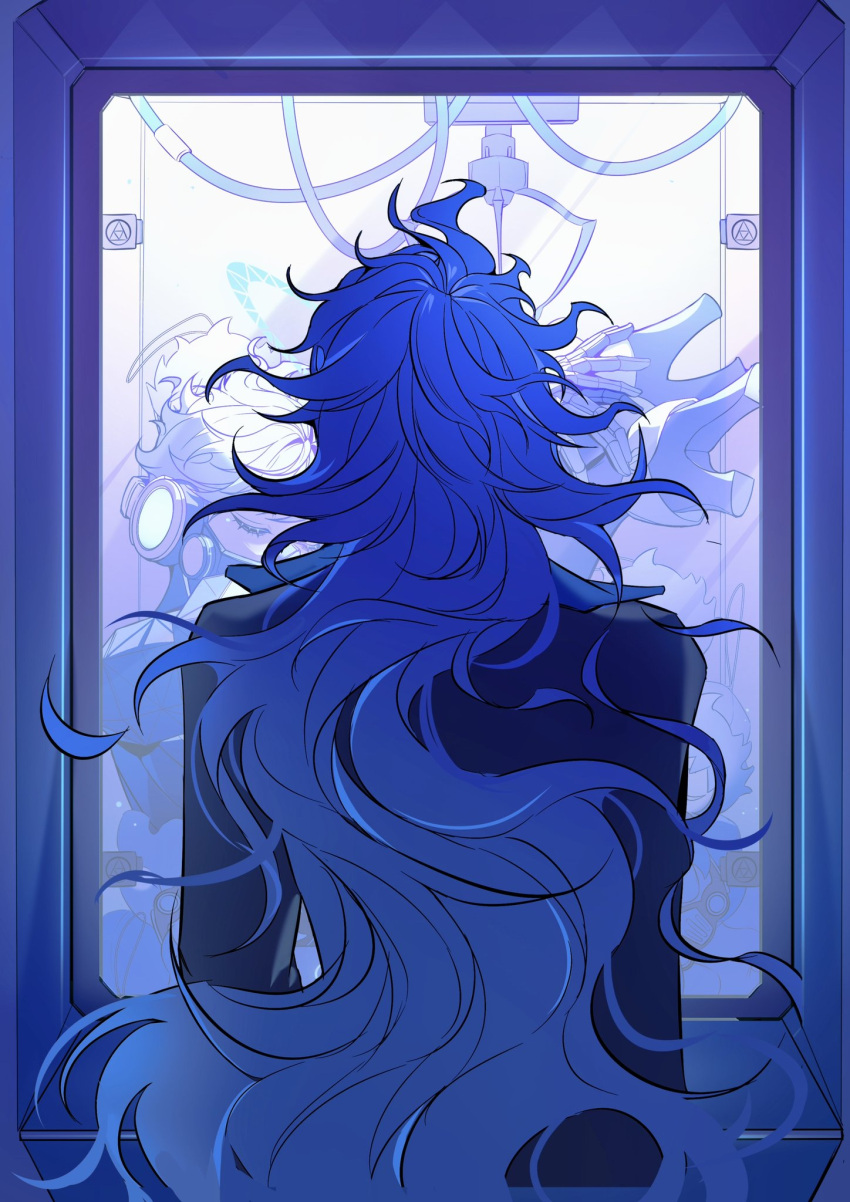 2boys, arcade_cabinet, blue_hair, blue_theme, character_doll, character_name, cibeibugushanx, closed_eyes