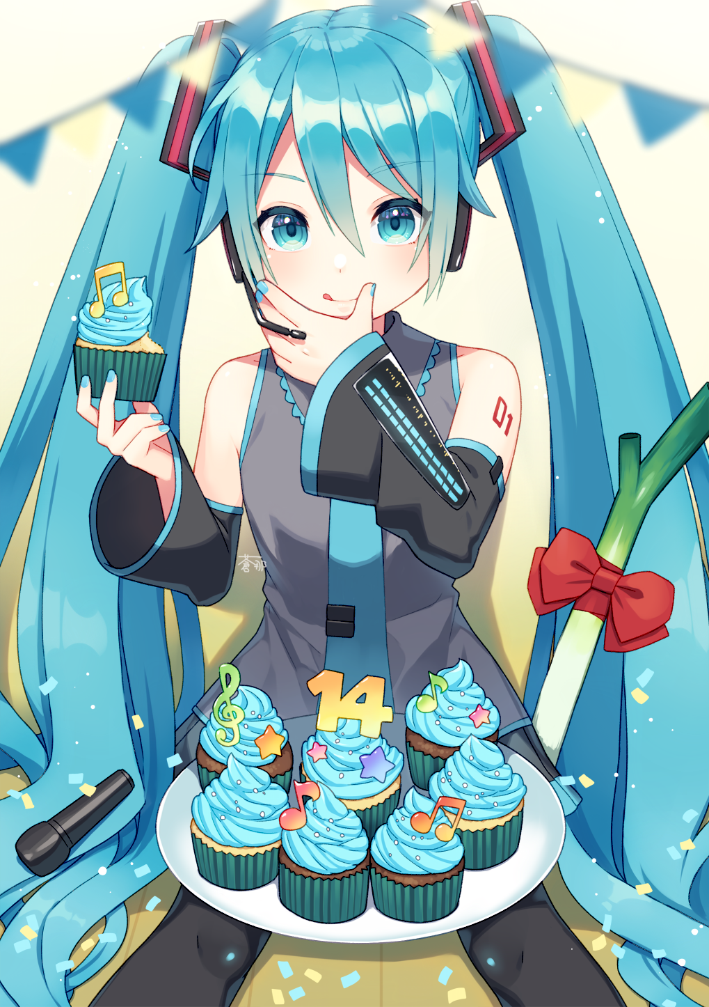 1girl, :p, aona_(noraneko), bangs, banner, blue_eyes, blush, bow, collared_shirt, confetti, cupcake, detached_sleeves, food, hair_ornament, hand_on_own_chin, hands_up, hatsune_miku, headphones, headset, highres, holding, holding_food, long_hair, long_sleeves, looking_at_viewer, microphone, nail_polish, necktie, on_lap, plate, shirt, sitting, skirt, sleeveless, sleeveless_shirt, solo, spring_onion, tie_clip, tongue, tongue_out, twintails, very_long_hair, vocaloid