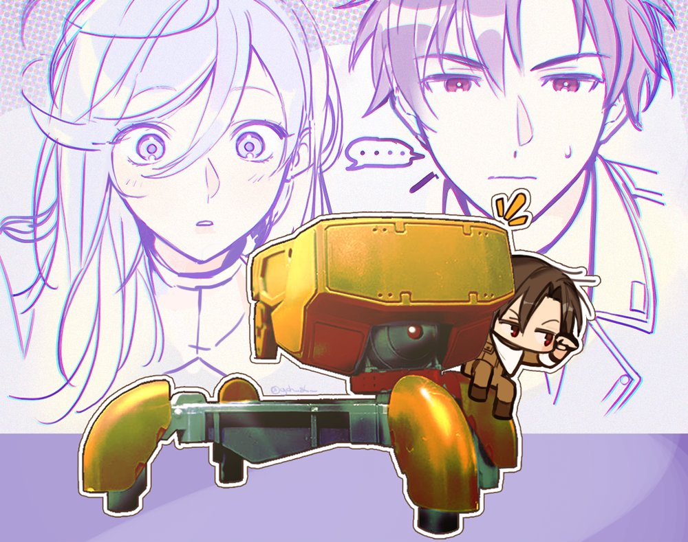 ..., 1boy, 1girl, 86_-eightysix-, black_hair, blue_hair, chibi, fido_(86)