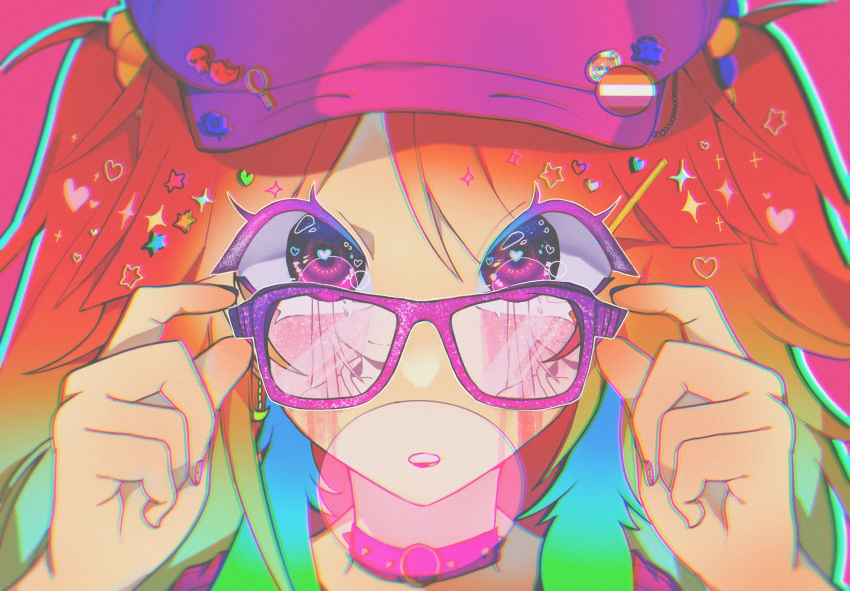 2girls, adjusting_eyewear, alternate_costume, alternate_hairstyle, earrings, feather_earrings, feathers, glasses, gradient_hair, highres, hololive, hololive_english, jewelry, lesbian_flag, long_hair, looking_at_viewer, maplemersh26, mori_calliope, multicolored_hair, multiple_girls, open_mouth, orange_hair, reflection, takanashi_kiara, third-party_edit, virtual_youtuber