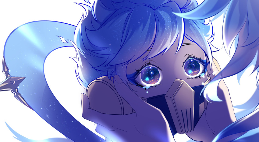 2boys, bangs, blue_eyes, blue_hair, blue_theme, cibeibugushanx, covered_mouth, eyelashes