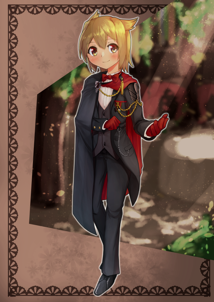 black_footwear, black_pants, black_suit, black_vest, blonde_hair, blurry, blurry_background, blush, bow, bowtie, brown_background, cape, character_request, check_character, clenched_hand, eidlanza_esepharos, formal, gloves, indoors, kuroboshi_mozuku, looking_at_viewer, pants, pixiv_fantasia, pixiv_fantasia_last_saga, red_bow, red_bowtie, red_gloves, shoes, smile, suit, vest, watch_fob