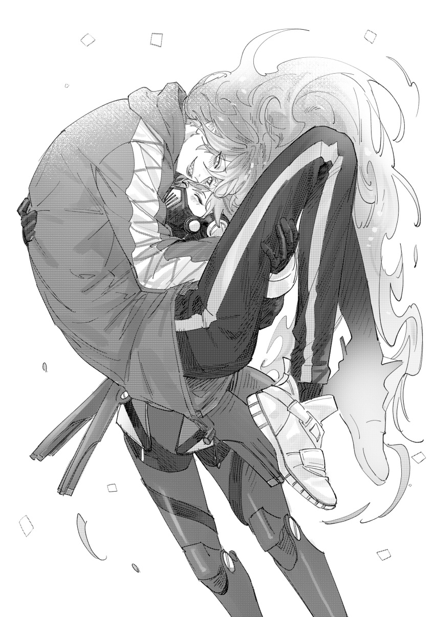 2boys, ^_^, absurdres, blush, carrying, closed_eyes, confetti, covered_mouth, face-to-face, feet_out_of_frame, greyscale, grin, hands_up, happy, headphones, height_difference, highres, hug, idia_shroud, jacket, joints, knees_up, long_hair, long_sleeves, male_focus, mask, mechanical_parts, monochrome, multiple_boys, ortho_shroud, pants, plantar_flexion, princess_carry, respirator, robot_joints, sasayr77, sharp_teeth, shoes, short_hair, simple_background, smile, standing, teeth, track_pants, twisted_wonderland, very_long_hair, wavy_hair