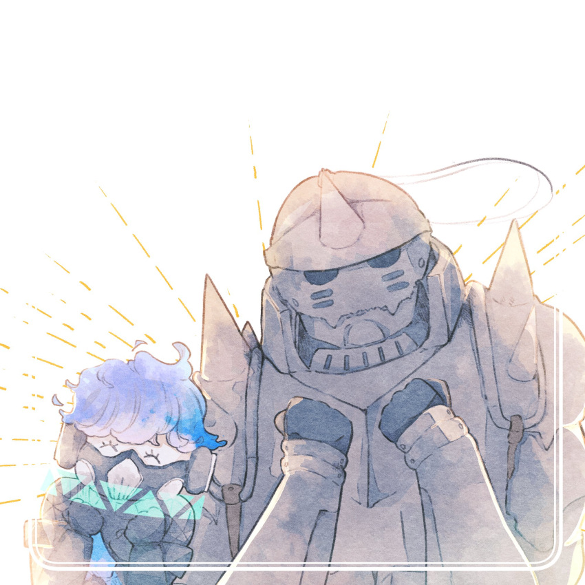 1boy, 8_umeume_8, ^_^, alphonse_elric, armor, bangs, blue_hair, border
