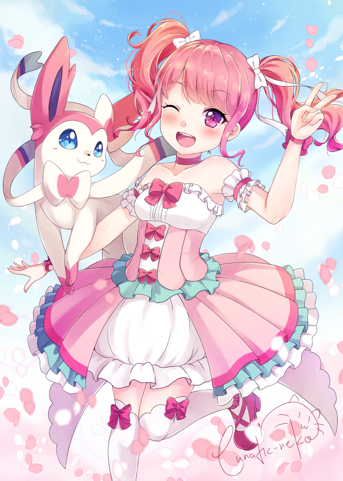 animal_on_head, bang_dream!, blue_eyes, bow, bowtie, braid, dress, eevee, english_commentary, evolutionary_line, footwear_bow, forked_tail, hair_ornament, hair_ribbon, hairband, image_sample, jewelry, legwear_under_shorts, lolita_fashion, looking_at_viewer, maruyama_aya, neckerchief, necklace, on_head, pastel_palettes_(bang_dream!), pink_dress, pink_eyes, pink_hair, pink_neckerchief, pokemon, pokemon_(game), puffy_short_sleeves, puffy_sleeves, ribbon, ribbon-trimmed_clothes, ribbon-trimmed_legwear, ribbon-trimmed_sleeves, ribbon_trim, runeko, short_sleeves, shorts, side_braids, sylveon, tail, twintails, white_dress, white_hairband, wrist_bow