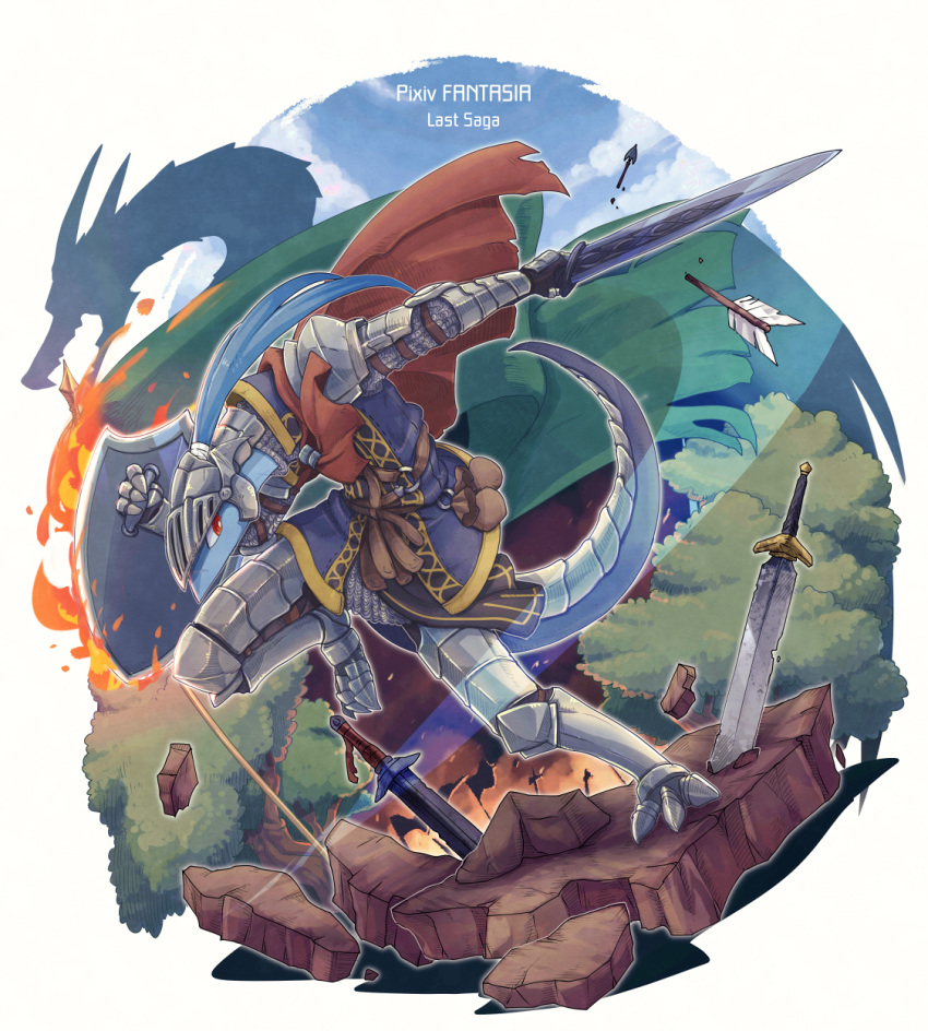 1boy, alfonso_(pixiv_fantasia_last_saga), armor, broken_arrow, cape, copyright_name, dragon, fighting_stance