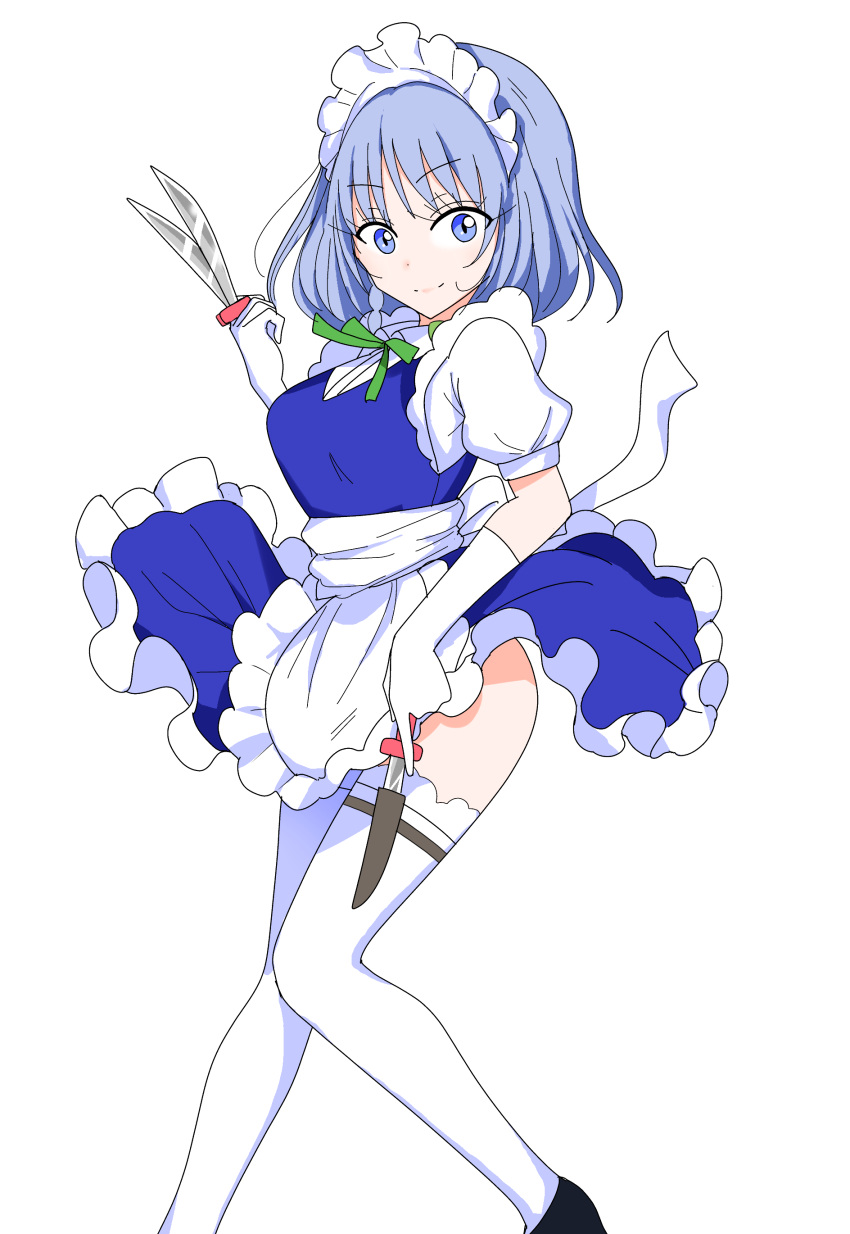 1girl, absurdres, apron, back_bow, bangs, between_fingers, black_footwear, blue_dress