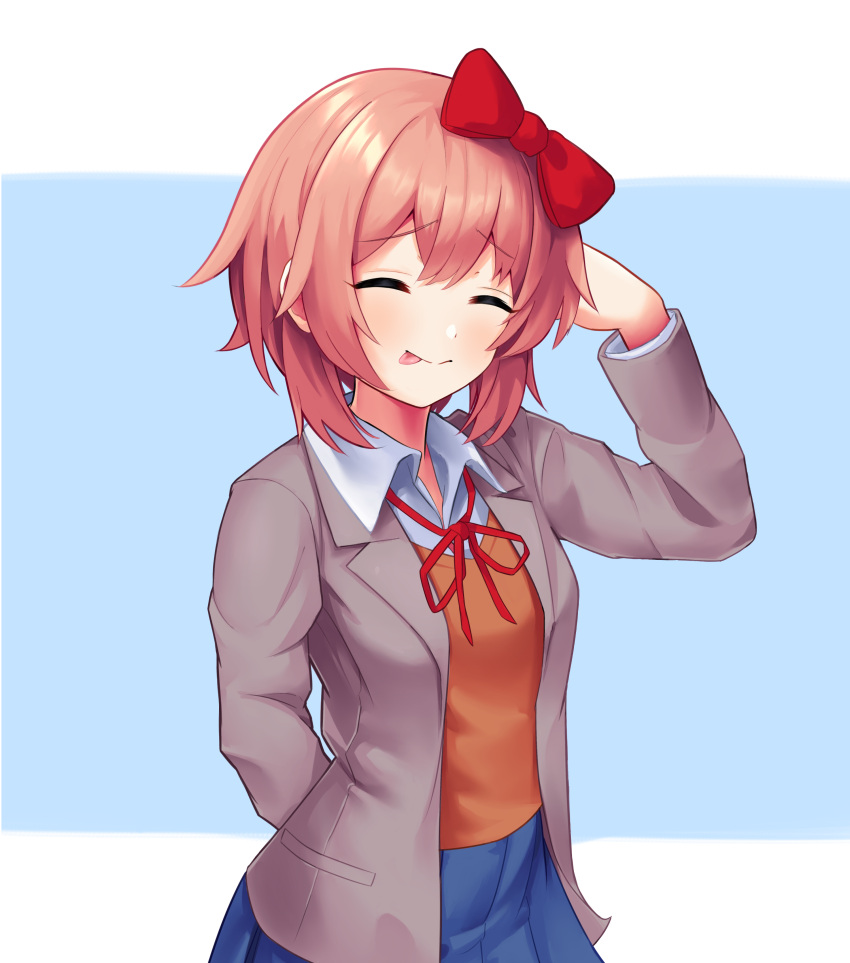 1girl, :p, absurdres, arm_behind_back, arm_behind_head, bangs, blazer, blush