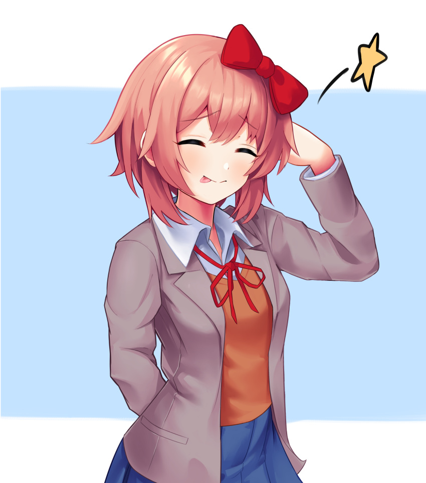 1girl, :p, absurdres, arm_behind_back, arm_behind_head, bangs, blazer, blush
