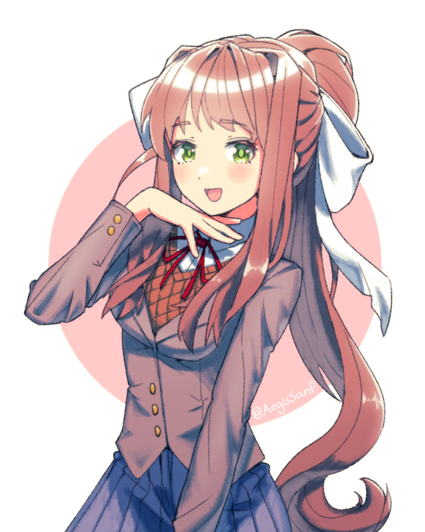1girl, :d, aegissanp, artist_name, bangs, blazer, blush, brown_hair, collared_shirt, doki_doki_literature_club, english_commentary, green_eyes, hair_intakes, hair_ribbon, hand_on_own_chin, hand_up, highres, jacket, long_hair, long_sleeves, looking_at_viewer, monika_(doki_doki_literature_club), neck_ribbon, open_mouth, pleated_skirt, ponytail, ribbon, school_uniform, shirt, skirt, smile, solo, sweater_vest, very_long_hair