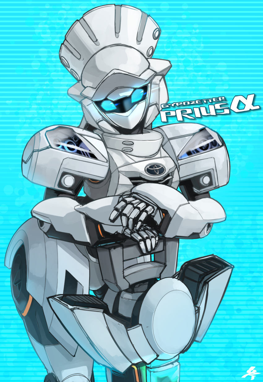 blue_background, character_name, chousoku_henkei_gyrozetter, glowing, glowing_eyes, head_tilt, highres, leaning_forward